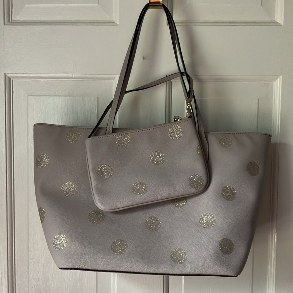kate spade Harmony Haven gray + silver polka dot purse and wristlet set